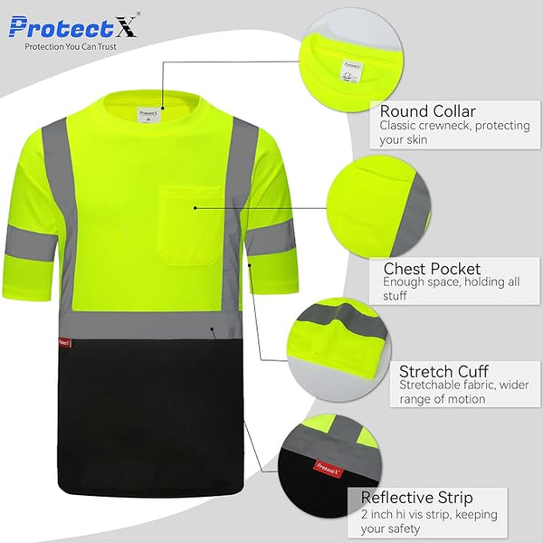 ProtectX Reflective Neon Green Short Sleeve High Visibility Heavy-Duty Safety T-Shirt Type R Class 2