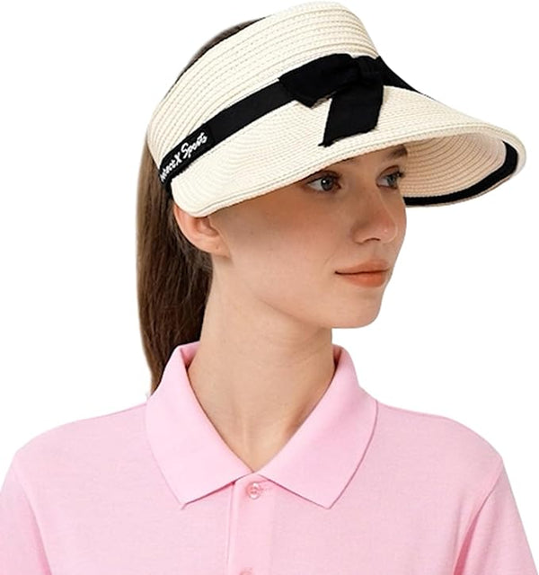 ProtectX Women's Sun Visor Hats, Wide Brim Straw Beach Cap Ponytail Hat, Compact Rolled-Up Foldable Hat with UV Protection