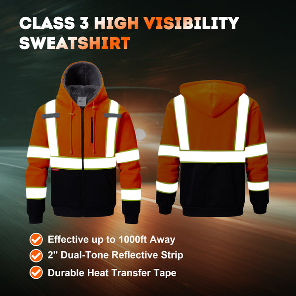 ProtectX Hi Vis Neon Orange Safety Hoodie for Men Women Fleece Lined Class 3 High Visibility Sweatshirt Reflective Jacket