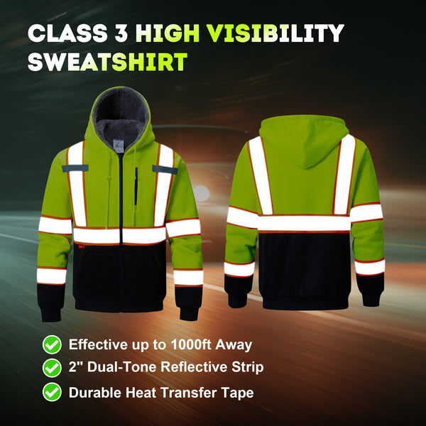 ProtectX Hi Vis Neon Green Safety Hoodie for Men Women Fleece Lined Class 3 High Visibility Sweatshirt Reflective Jacket