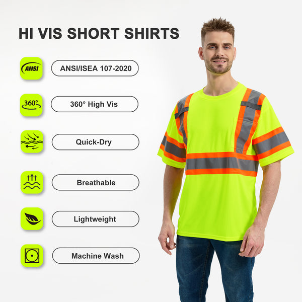 ProtectX Neon Green Hi Vis Short Sleeve Safety Shirts, Reflective Breathable Construction Apparel, Men Women Work Shirt, Class 2