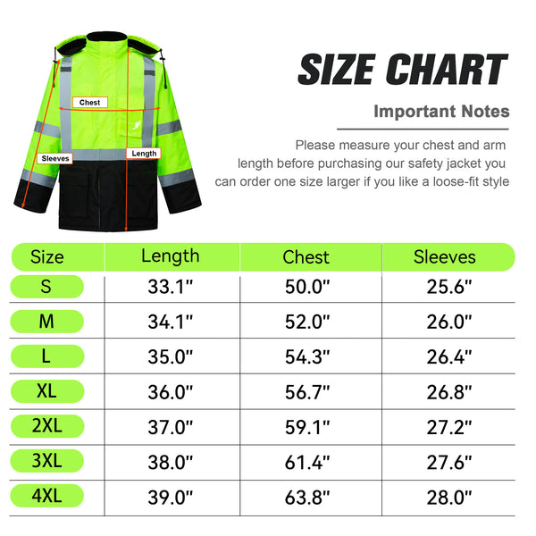 ProtectX Neon Green High Visibility Winter Safety Jacket for Men, Reflective Insulated Work Long Coat