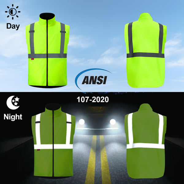 ProtectX Neon Green Hi Vis Reversible Winter Insulated Safety Vest for Men Windproof water-repellent and warm high-visibility safety vest ANSI Class 2 Hi Vis Winter Vest for Men Women