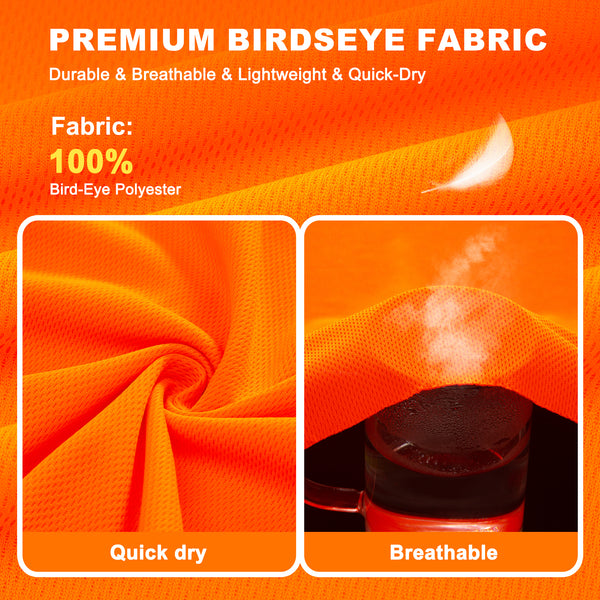 ProtectX Orange High Visibility Safety Shirt, Quick Dry Breathable Reflective Construction Work Long Sleeve Shirts, Class 2 Type R