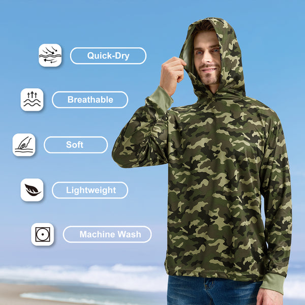 ProtectX Camouflage High Visibility Sun Protection Lightweight Long Sleeve Hoodie, UPF 50+ Quick-Dry, SPF UV Shirt, Active Wear
