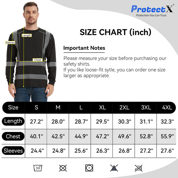 ProtectX Men's High Visibility Black Heavy Duty Long Sleeve Reflective Safety T-Shirts for Construction