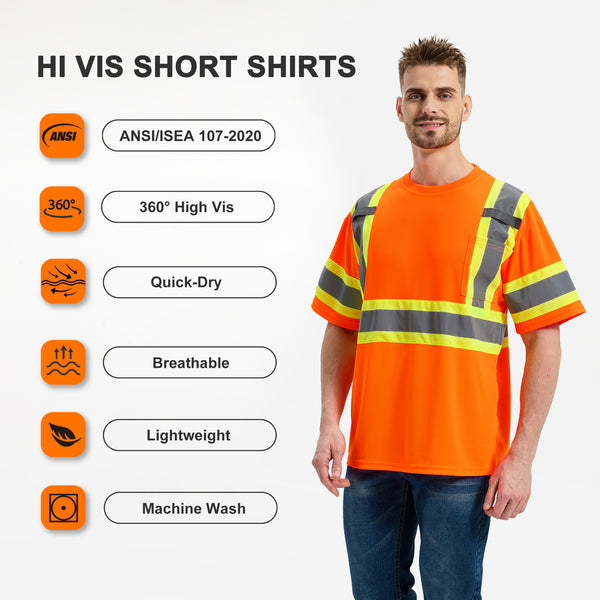 ProtectX Orange Hi Vis Short Sleeve Safety Shirts, Reflective Breathable Construction Apparel, Men Women Work Shirt, Class 2