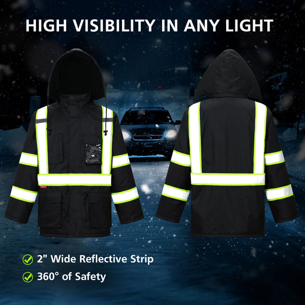 ProtectX Black High Visibility Winter Safety Jacket for Men, Reflective Insulated Work Long Coat