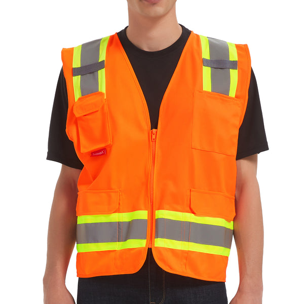 ProtectX Orange High Visibility Reflective Safety Vest for Men Women Hi Vis Work Construction Vest with Pockets Class 2 Zipper Front Meets ANSI Standards 7 Pockets