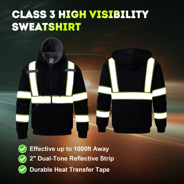 ProtectX Hi Vis Black Safety Hoodie for Men Women Fleece Lined High Visibility Sweatshirt Reflective Jacket
