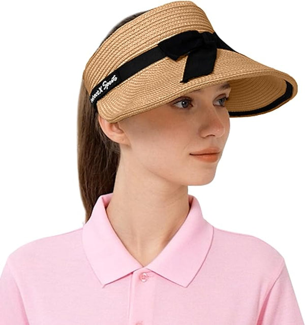 ProtectX Women's Sun Visor Hats, Wide Brim Straw Beach Cap Ponytail Hat, Compact Rolled-Up Foldable Hat with UV Protection