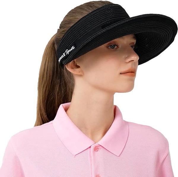 ProtectX Women's Sun Visor Hats, Wide Brim Straw Beach Cap Ponytail Hat, Compact Rolled-Up Foldable Hat with UV Protection