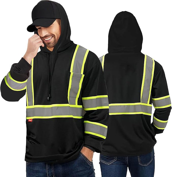 ProtectX 3 Pack Men's Hooded Black High Visibility Heavy Duty Long Sleeve Reflective Safety Shirts for Construction