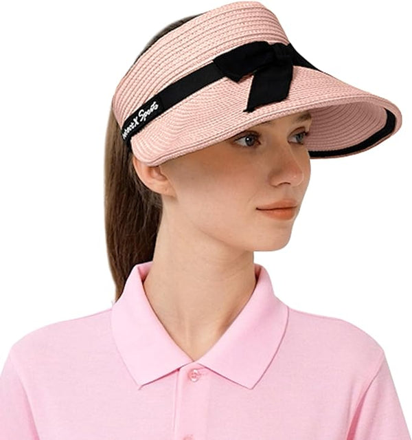 ProtectX Women's Sun Visor Hats, Wide Brim Straw Beach Cap Ponytail Hat, Compact Rolled-Up Foldable Hat with UV Protection