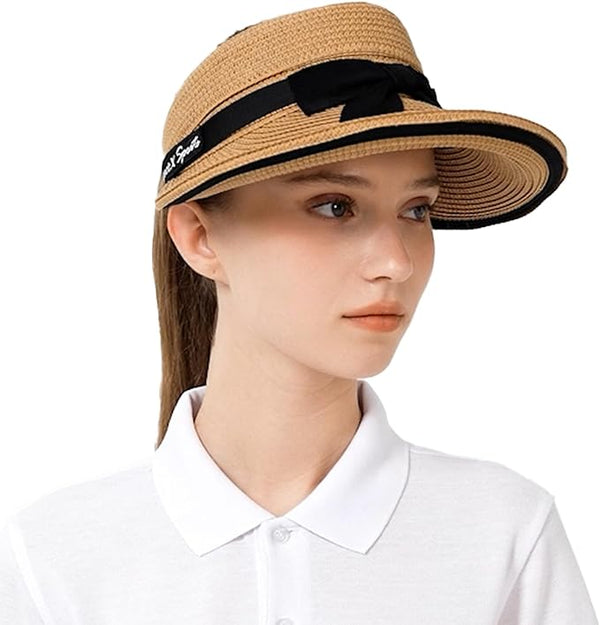 ProtectX Women's Sun Visor Hats, Wide Brim Straw Beach Cap Ponytail Hat, Compact Rolled-Up Foldable Hat with UV Protection