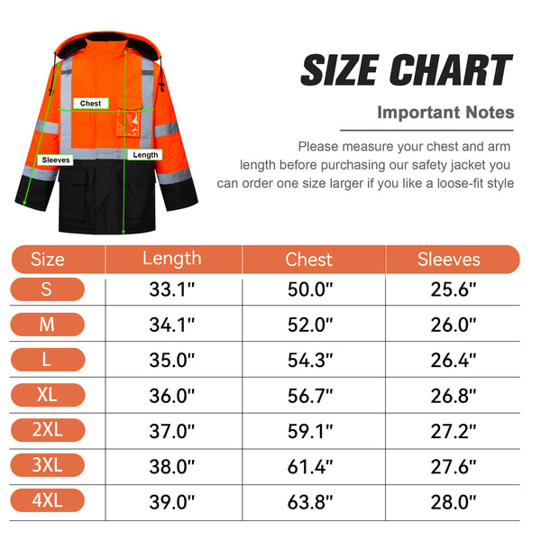 ProtectX Neon Orange High Visibility Winter Safety Jacket for Men, Reflective Insulated Work Long Coat