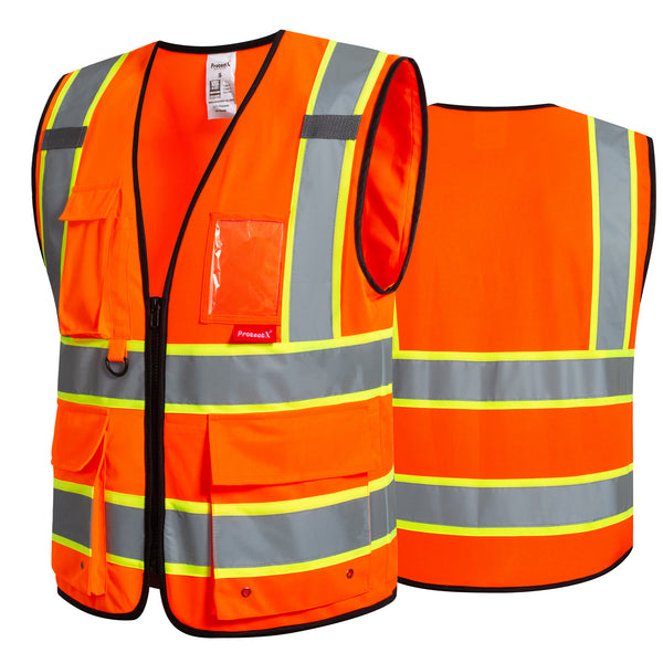 ProtectX 9 Pockets Orange Safety Vest for Men Women High Visibility Reflective Vest for Construction Work Class 2