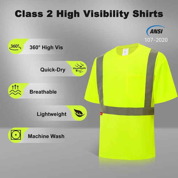 ProtectX Neon Green High Visibility Short Sleeve Safety Shirts, Reflective Quick Dry Construction Work Shirts, Class 2 Type R