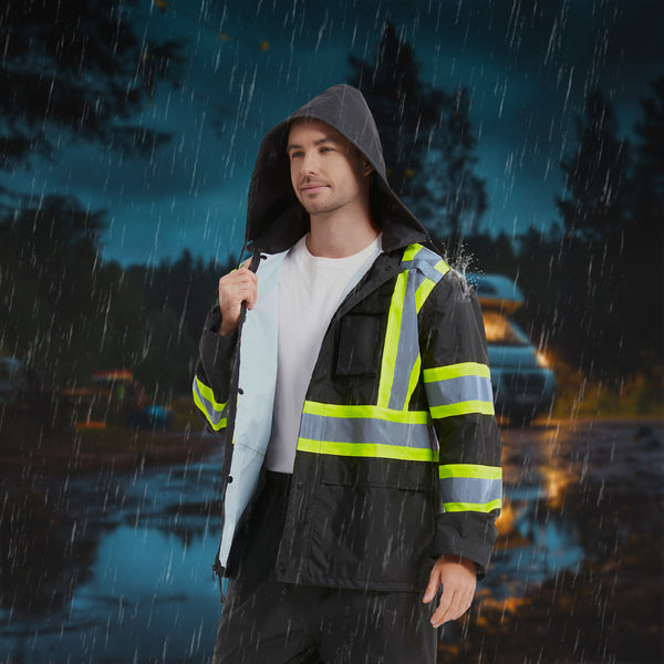 ProtectX High Visibility Rain Suit for Men Waterproof, Hi Vis Reflective Safety Rain Jacket Pant Set Rain Coat - Black