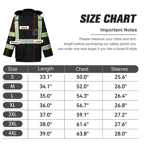 ProtectX Black High Visibility Winter Safety Jacket for Men, Reflective Insulated Work Long Coat