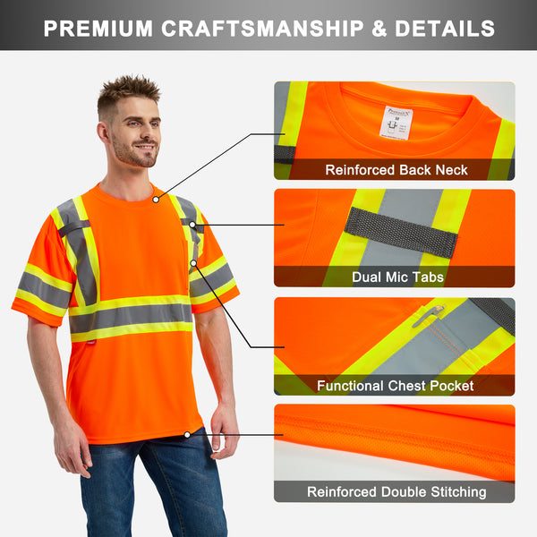 ProtectX Orange Hi Vis Short Sleeve Safety Shirts, Reflective Breathable Construction Apparel, Men Women Work Shirt, Class 2