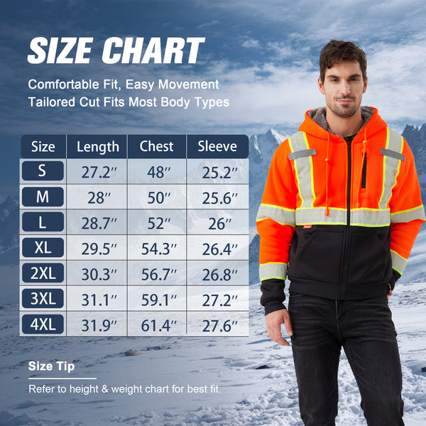 ProtectX Hi Vis Neon Orange Safety Hoodie for Men Women Fleece Lined Class 3 High Visibility Sweatshirt Reflective Jacket