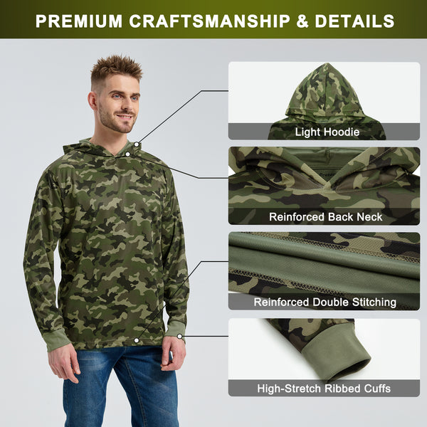 ProtectX Camouflage High Visibility Sun Protection Lightweight Long Sleeve Hoodie, UPF 50+ Quick-Dry, SPF UV Shirt, Active Wear