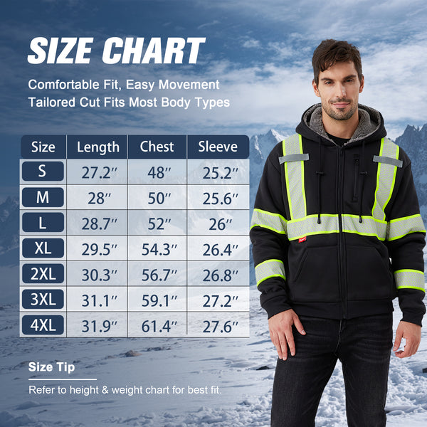 ProtectX Hi Vis Black Safety Hoodie for Men Women Fleece Lined High Visibility Sweatshirt Reflective Jacket