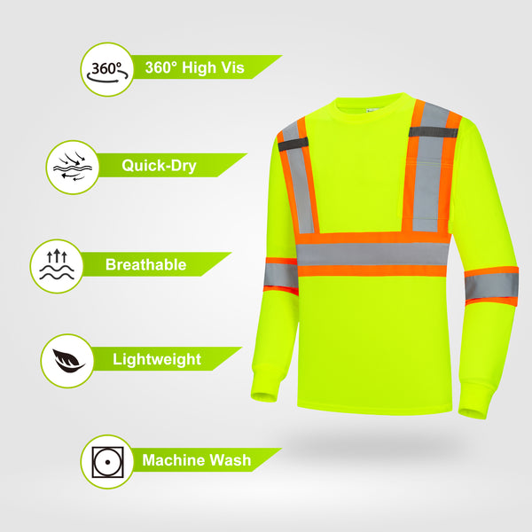 ProtectX Neon Green High Visibility Safety Shirt, Quick Dry Breathable Reflective Construction Work Long Sleeve Shirts, Class 2 Type R