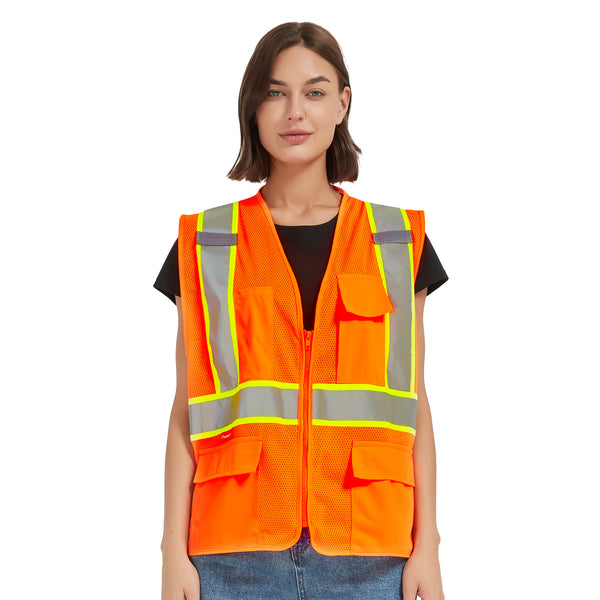 ProtectX Neon Orange Safety Vest for Men Women ANSI Class 2 High Visibility Mesh Reflective Construction Vest with 4 Pockets