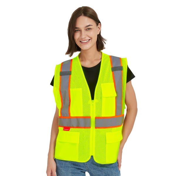 ProtectX Neon Green Safety Vest for Men Women ANSI Class 2 High Visibility Mesh Reflective Construction Vest with 4 Pockets