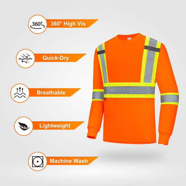 ProtectX Orange High Visibility Safety Shirt, Quick Dry Breathable Reflective Construction Work Long Sleeve Shirts, Class 2 Type R