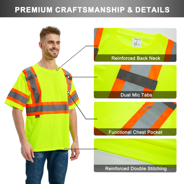 ProtectX Neon Green Hi Vis Short Sleeve Safety Shirts, Reflective Breathable Construction Apparel, Men Women Work Shirt, Class 2