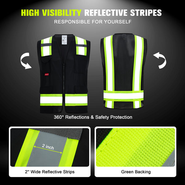 ProtectX Black High Visibility Reflective Safety Vest for Men Women Hi Vis Work Construction Vest with Pockets Class 2 Zipper Front  7 Pockets