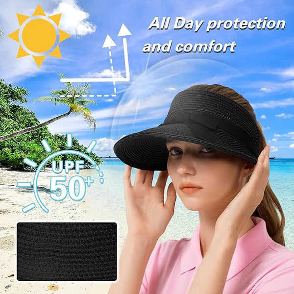 ProtectX Women's Sun Visor Hats, Wide Brim Straw Beach Cap Ponytail Hat, Compact Rolled-Up Foldable Hat with UV Protection