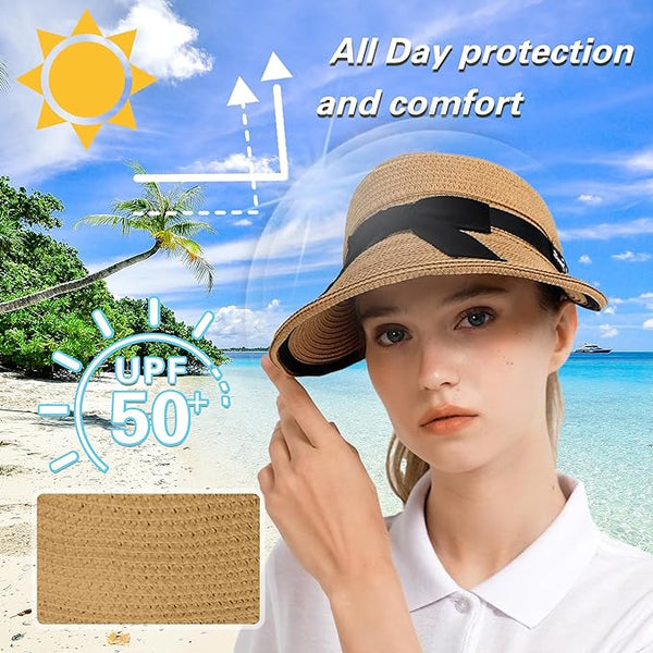 ProtectX Women's Sun Visor Hats, Wide Brim Straw Beach Cap Ponytail Hat, Compact Rolled-Up Foldable Hat with UV Protection