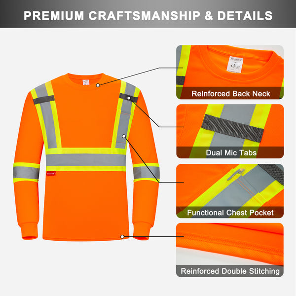 ProtectX Orange High Visibility Safety Shirt, Quick Dry Breathable Reflective Construction Work Long Sleeve Shirts, Class 2 Type R