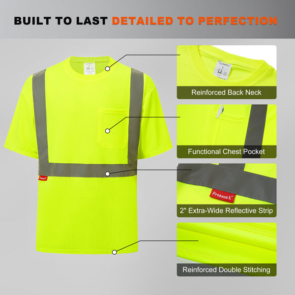 ProtectX Neon Green High Visibility Short Sleeve Safety Shirts, Reflective Quick Dry Construction Work Shirts, Class 2 Type R