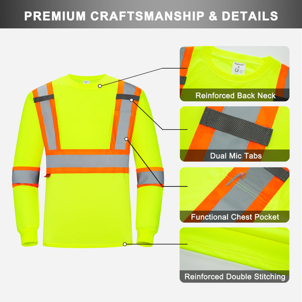 ProtectX Neon Green High Visibility Safety Shirt, Quick Dry Breathable Reflective Construction Work Long Sleeve Shirts, Class 2 Type R