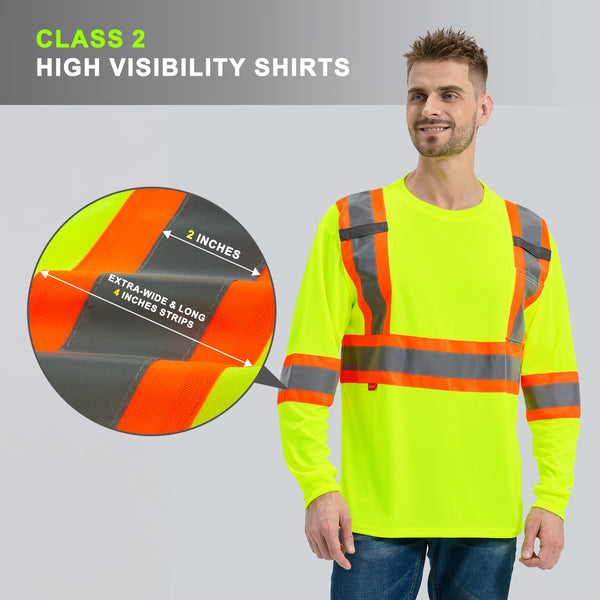 ProtectX Neon Green High Visibility Safety Shirt, Quick Dry Breathable Reflective Construction Work Long Sleeve Shirts, Class 2 Type R