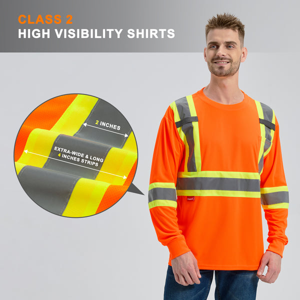ProtectX Orange High Visibility Safety Shirt, Quick Dry Breathable Reflective Construction Work Long Sleeve Shirts, Class 2 Type R