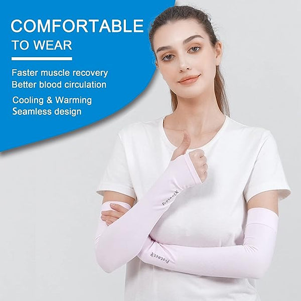 ProtectX Cooling UV Protection Black White Thumb-Hole Arm Sleeves for Men & Women - Breathable, Moisture-Wicking, Compression