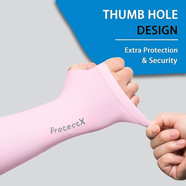 ProtectX Cooling UV Protection Black White Thumb-Hole Arm Sleeves for Men & Women - Breathable, Moisture-Wicking, Compression