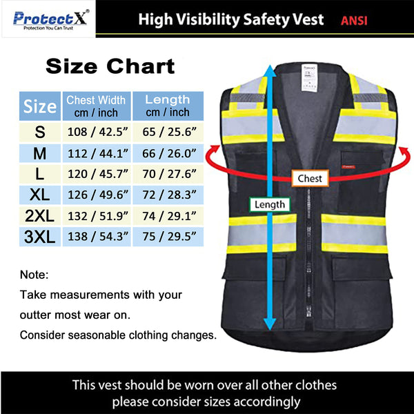 ProtectX Safety Vest Black Hi-Visibility Vest Solid Front Mesh Back with 6 Pockets