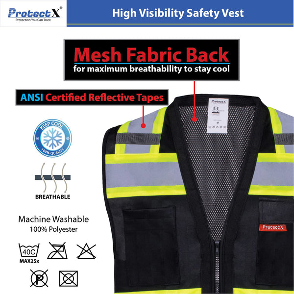 ProtectX Safety Vest Black Hi-Visibility Vest Solid Front Mesh Back with 6 Pockets