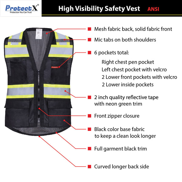 ProtectX Safety Vest Black Hi-Visibility Vest Solid Front Mesh Back with 6 Pockets