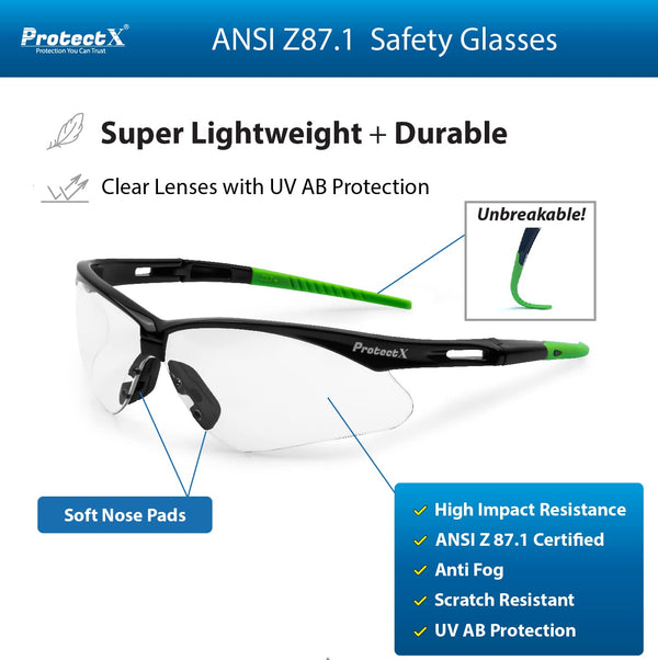 ProtectX Evergreen Clear Safety Glasses Anti-Fog Scratch Resistant Lenses ANSI Z817.