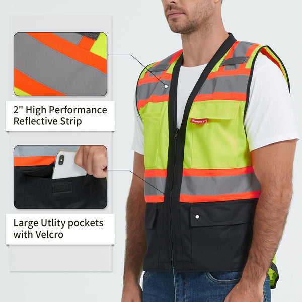 ProtectX Safety Vest Neon Green Class 2 Hi-Visibility Vest All Solid Fabric with 6 Pockets, ANSI/ISEA Certified