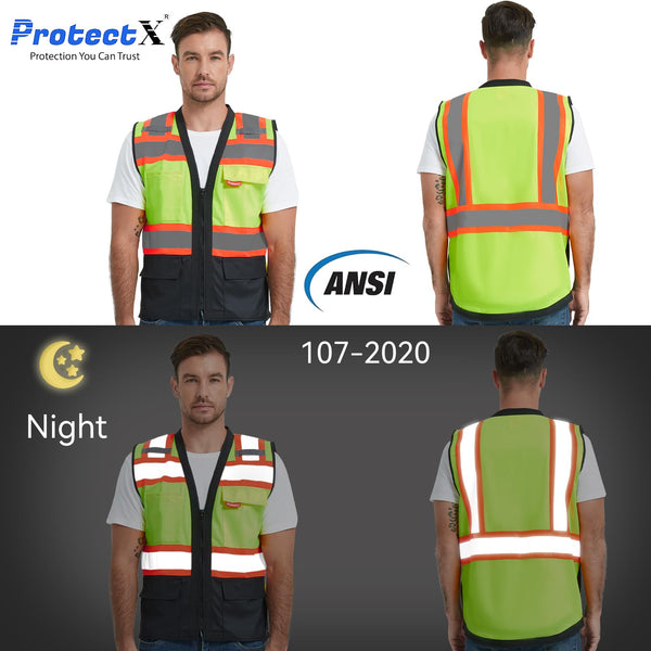 ProtectX Safety Vest Neon Green Class 2 Hi-Visibility Vest All Solid Fabric with 6 Pockets, ANSI/ISEA Certified