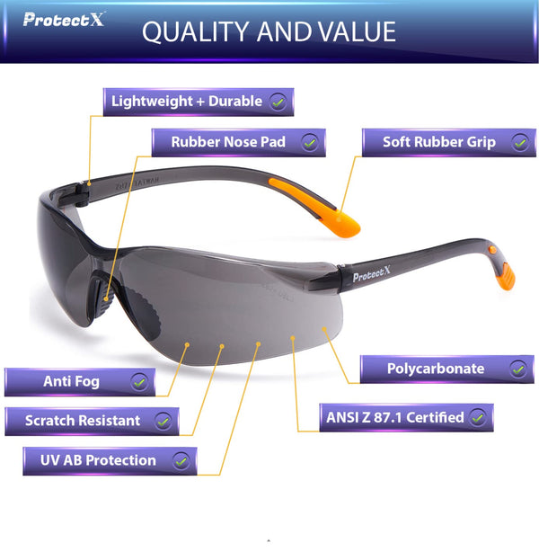 ProtectX Safety Glasses for Men & Women, Safety Sunglasses with Anti-Fog Scratch Resistant Lenses, Non-Slip Grips, ANSI Z87.1